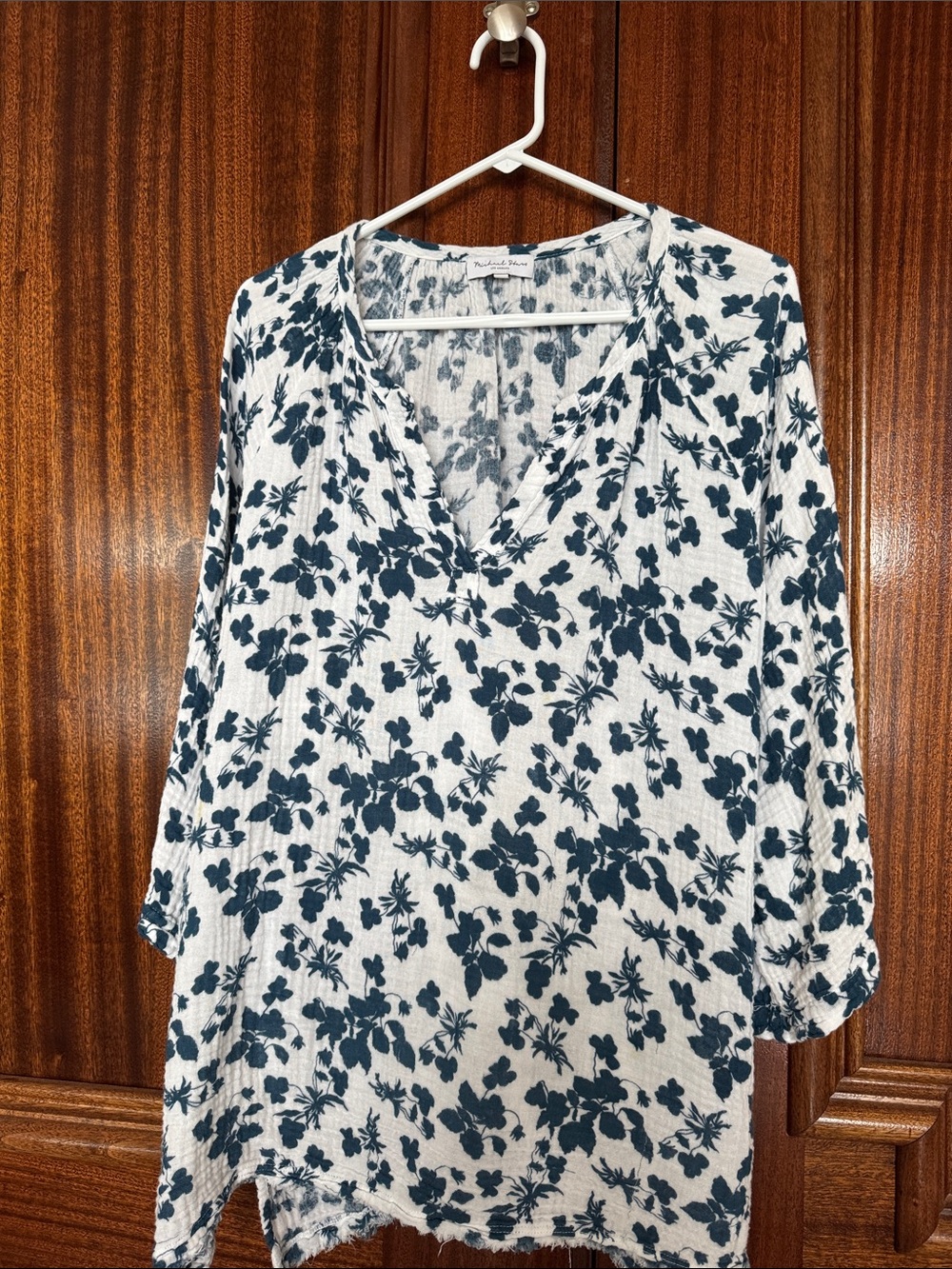 Michael Stars White Tunic with Navy Floral Print; fits like an XL